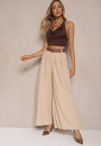 Renee - Beżowe Spodnie o Szerokim Kroju High Waist Ozdobione Paskiem Rasalle. Okazja: na co dzień. Stan: podwyższony. Kolor: beżowy. Wzór: aplikacja. Styl: casual, elegancki