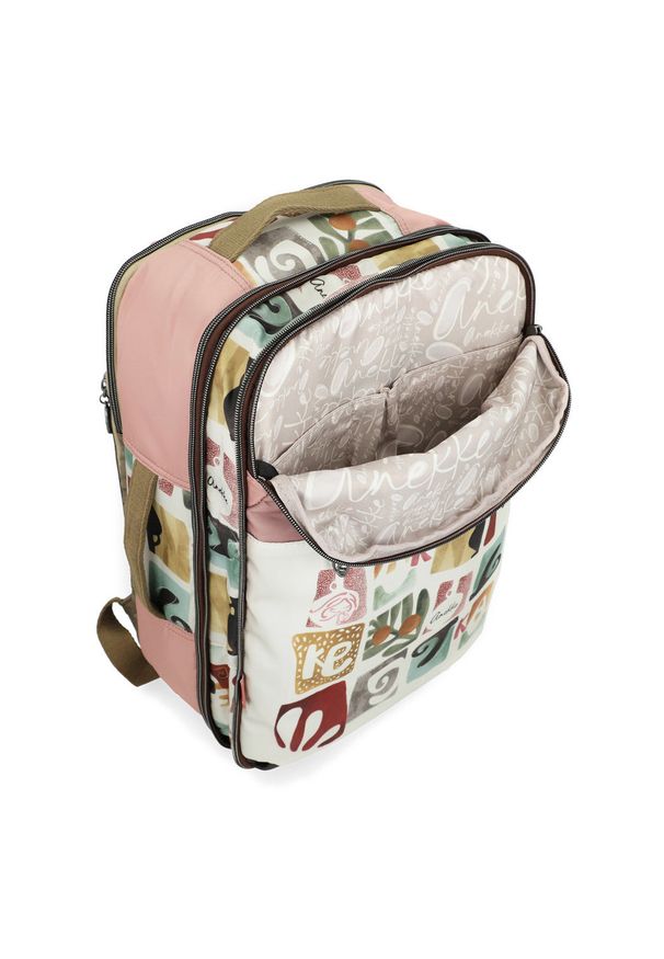 Plecak damski Anekke, wykonany z materiału tekstylnego z dekoracyjnym nadrukiem zamykany na zamek, różowy, 42575-011. Kolor: różowy. Materiał: materiał. Wzór: nadruk. Styl: casual