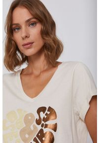 Mos Mosh T-shirt bawełniany kolor beżowy. Okazja: na co dzień. Kolor: beżowy. Materiał: bawełna. Wzór: nadruk. Styl: casual #1