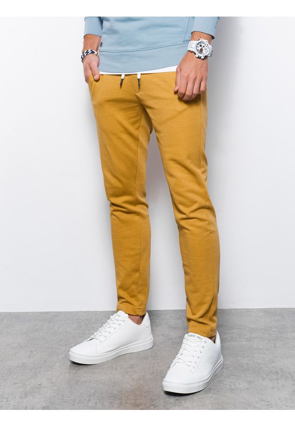 Ombre Clothing - Spodnie męskie dresowe bez ściągacza na nogawce - musztardowe V3. Kolor: żółty. Materiał: dresówka