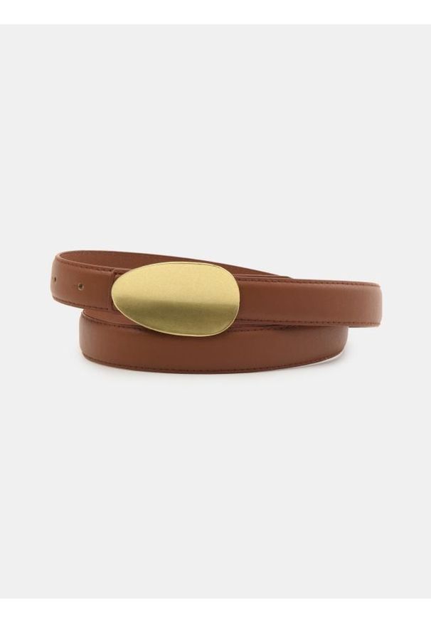 Sinsay - Pasek z imitacji skóry ze złotą klamrą - brązowy. Kolor: brązowy. Materiał: skóra