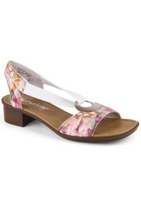 Komfortowe sandały damskie wsuwane w kwiaty multikolor Rieker 62662-90 białe. Zapięcie: bez zapięcia. Kolor: biały. Wzór: kwiaty