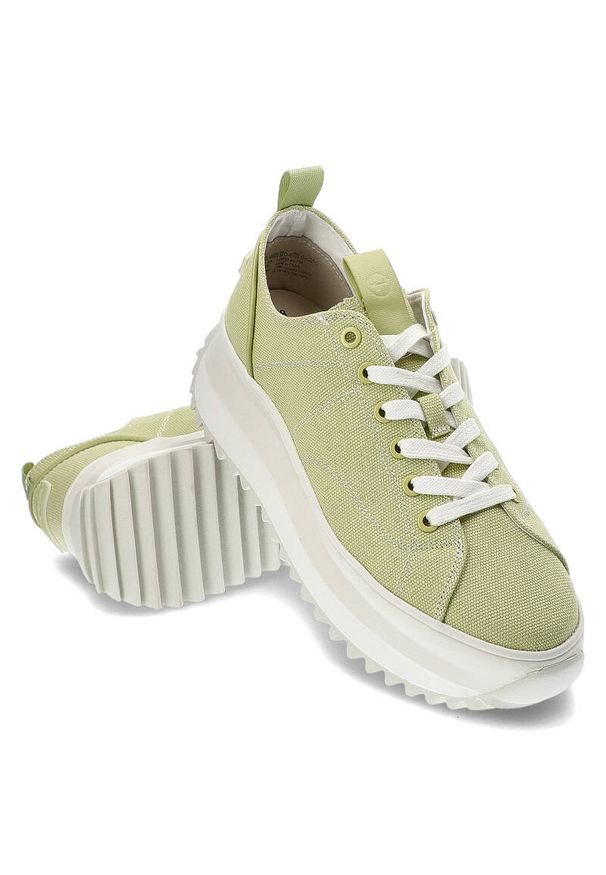 Zielone Sneakersy Tamaris Modne Obuwie Damskie. Okazja: na co dzień, na spacer. Zapięcie: sznurówki. Kolor: zielony. Materiał: materiał. Sezon: wiosna, lato. Sport: turystyka piesza