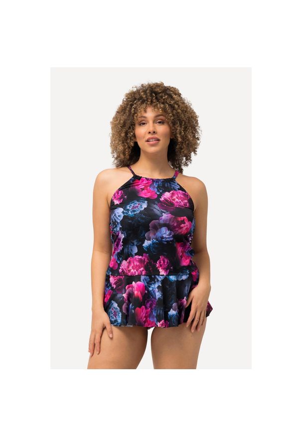 ULLA POPKEN - Damskie Tankini piwonie miękkie miseczki baskinka. Kolekcja: plus size. Kolor: czarny. Materiał: elastan, poliamid, materiał
