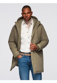 Ombre Clothing - Klasyczna męska długa kurtka typu parka – oliwkowa V3 - Rozmiar: M. Typ kołnierza: kaptur. Kolor: oliwkowy. Materiał: syntetyk, materiał. Długość: długie. Wzór: aplikacja. Styl: klasyczny