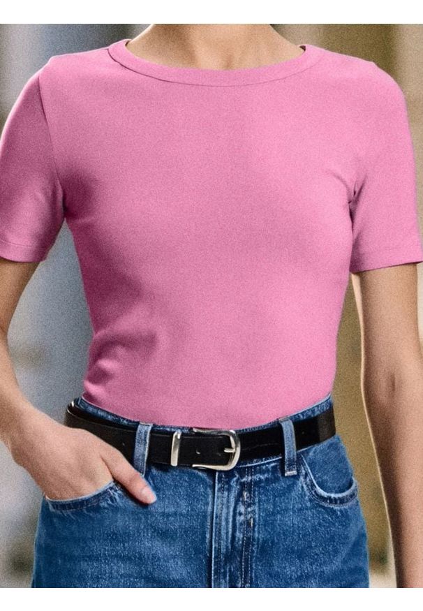 Sinsay - Bawełniana koszulka basic - różowy. Kolor: różowy. Materiał: bawełna