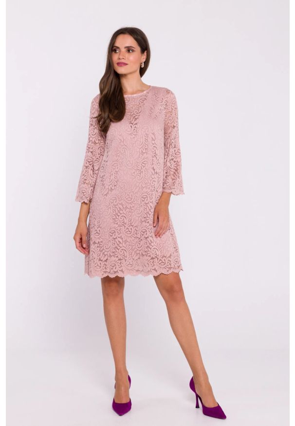Stylove - Zjawiskowa sukienka koronkowa trapezowa w kolorze różowym. Okazja: na komunię, na ślub cywilny, na wesele, na imprezę. Kolor: różowy. Materiał: koronka. Typ sukienki: trapezowe. Styl: elegancki