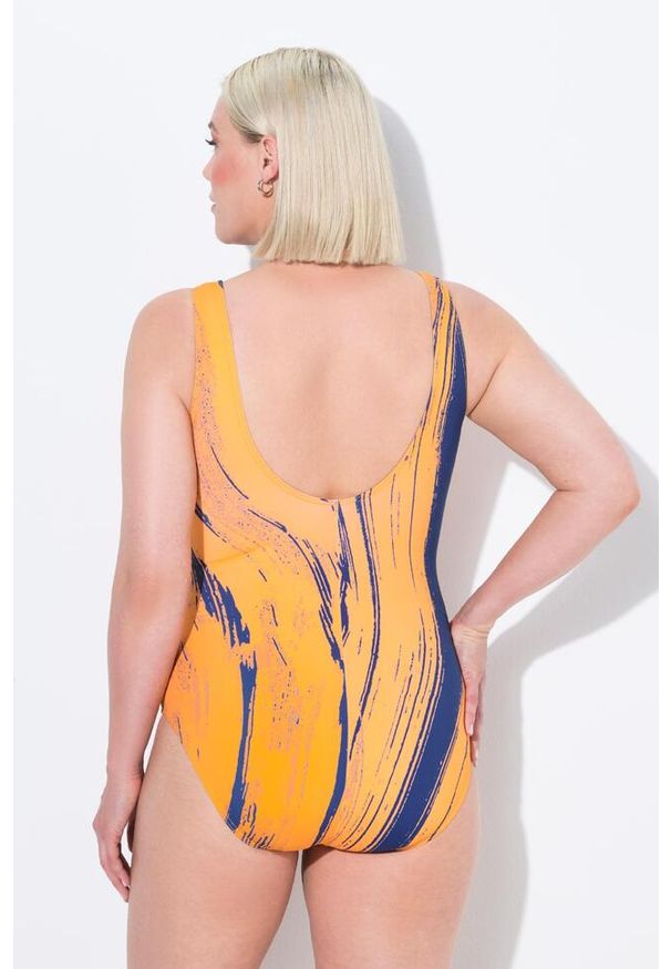 ULLA POPKEN - Damski Strój kąpielowy fale lamówka bez miękkich miseczek okrągły dekolt. Kolekcja: plus size. Kolor: pomarańczowy. Materiał: poliester, elastan, poliamid, materiał
