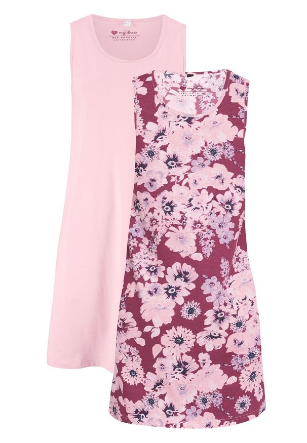 Sukienka z dżerseju (2 szt.) bonprix jeżynowy w kwiaty + pastelowy jasnoróżowy. Kolor: fioletowy. Materiał: jersey. Wzór: kwiaty