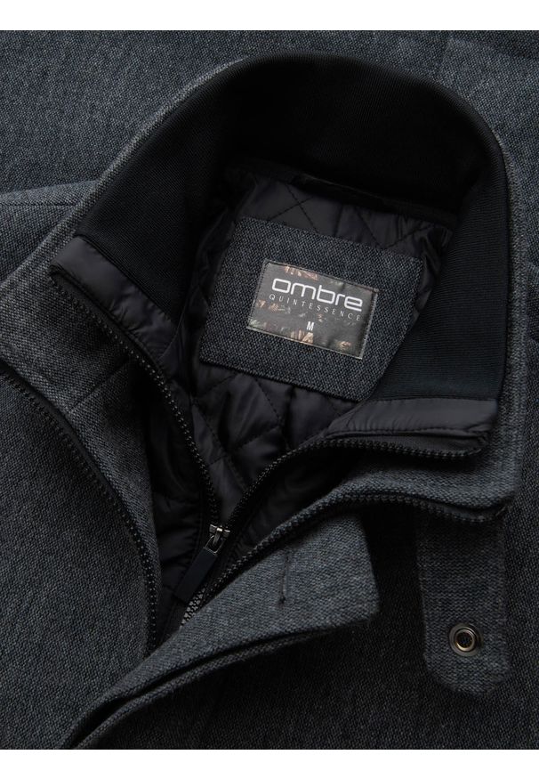 Ombre Clothing - Męski płaszcz zimowy z wełną i pikowaną podpinką – grafitowy melanż V1 OM-COWC-0116 - XXL. Kolor: szary. Materiał: wełna. Wzór: melanż. Sezon: zima