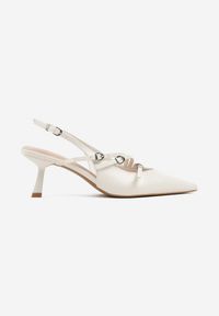 Renee - Białe Sandały Typu Kaczuszki Ozdobione Paskami i Sprzączkami Viranivia. Okazja: na co dzień. Nosek buta: szpiczasty. Zapięcie: pasek. Kolor: biały. Wzór: aplikacja. Sezon: lato. Obcas: na szpilce. Styl: casual, elegancki. Wysokość obcasa: średni #2