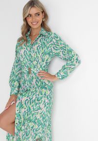 Born2be - Zielona Koszulowa Sukienka Midi z Elastycznym Paskiem z Abstrakcyjnym Wzorem Demoni. Kolor: zielony. Typ sukienki: koszulowe. Długość: midi #4