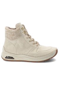 Botki damskie Rieker, antistress na grubej podeszwie ocieplane na suwak i za kostkę, beżowe, 44555-60. Okazja: na co dzień. Wysokość cholewki: za kostkę. Zapięcie: sznurówki. Kolor: beżowy. Materiał: dzianina, jeans. Szerokość cholewki: normalna. Styl: casual, sportowy #5