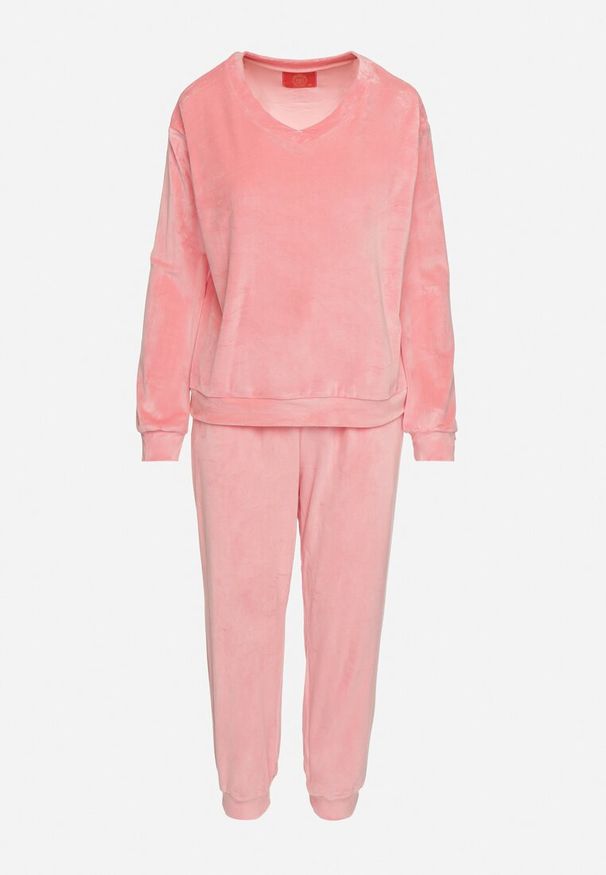 Born2be - Jasnoróżowy Welurowy Komplet Dresowy Bluza z Trójkątnym Dekoltem i Spodnie z Kieszeniami Onchia. Kolor: różowy. Materiał: dresówka, welur