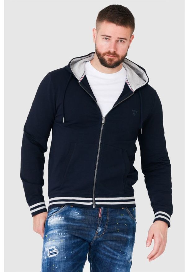 Guess - GUESS Granatowa bluza męska z kapturem na zamek, Rozmiar S. Typ kołnierza: kaptur. Kolor: niebieski. Wzór: aplikacja