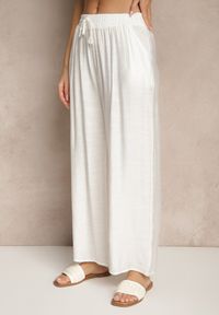 Renee - Jasnobeżowe Spodnie z Wiskozy High Waist o Szerokim Kroju Divlise. Okazja: na co dzień. Stan: podwyższony. Kolor: beżowy. Materiał: wiskoza. Styl: elegancki, casual #4