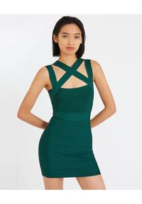HERVE LEGER - Zielona bandażowa sukienka mini Icon. Kolor: zielony. Materiał: materiał. Długość rękawa: na ramiączkach. Wzór: paski. Długość: mini
