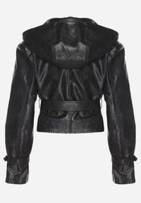 Born2be - Czarna Krótka Kurtka Typu Trencz z Imitacji Skóry z Kapturem i Wiązanym Paskiem Nilianiela. Okazja: na co dzień. Typ kołnierza: kaptur. Kolor: czarny. Materiał: skóra. Długość: krótkie. Wzór: paski. Styl: klasyczny, casual, elegancki #7