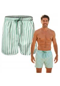 Męskie Spodenki Plażowe (Kąpielowe) - Pako Jeans - Jasnozielone w Prążek. Kolor: zielony. Materiał: poliester. Wzór: prążki #2
