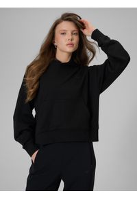4f - 4F Bluza dresowa regular z kapturem damska - czarna L. Okazja: na co dzień. Typ kołnierza: kaptur. Kolor: czarny. Materiał: dresówka. Styl: casual #1