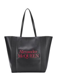 Alexander McQueen - ALEXANDER MCQUEEN Czarna skórzana shopperka z czerwonym logo. Kolor: czarny. Materiał: skórzane