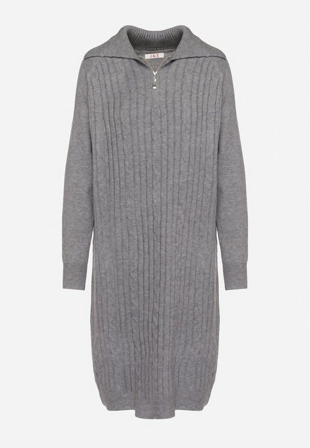 Born2be - Szara Sukienka z Bawełną i Wełną z Kołnierzykiem na Suwak Tereithra. Okazja: na co dzień, na spotkanie biznesowe. Kolor: szary. Materiał: wełna, bawełna. Typ sukienki: proste. Styl: wizytowy, casual, elegancki, biznesowy