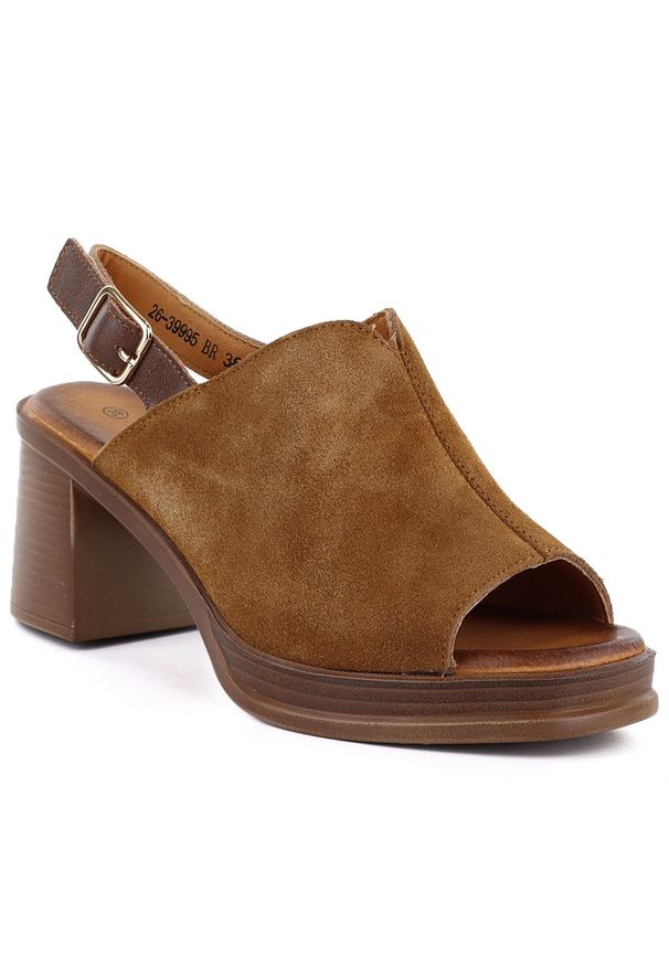 Skórzane sandały damskie zamszowe na obcasie Vinceza 26-39995. Materiał: skóra. Obcas: na obcasie. Wysokość obcasa: średni