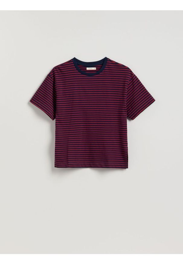 Reserved - Bawełniany t-shirt w paski - karminowy. Kolor: czerwony. Materiał: bawełna. Wzór: paski