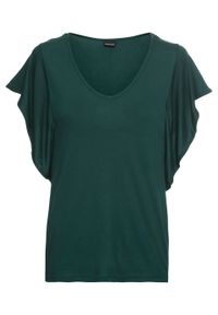 Shirt z falbanowymi rękawami bonprix głęboki zielony. Typ kołnierza: dekolt w serek. Kolor: zielony. Styl: elegancki #1