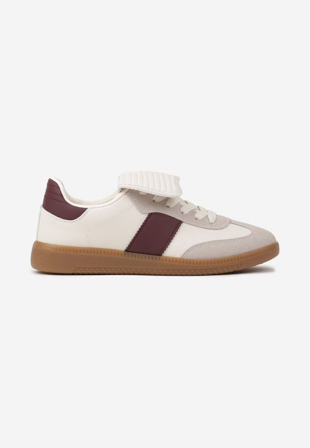 Renee - Beżowo-Bordowe Sznurowane Płaskie Sneakersy z Geometrycznym Wzorem Felilva. Okazja: na co dzień. Zapięcie: sznurówki. Kolor: beżowy. Materiał: jeans. Wzór: geometria
