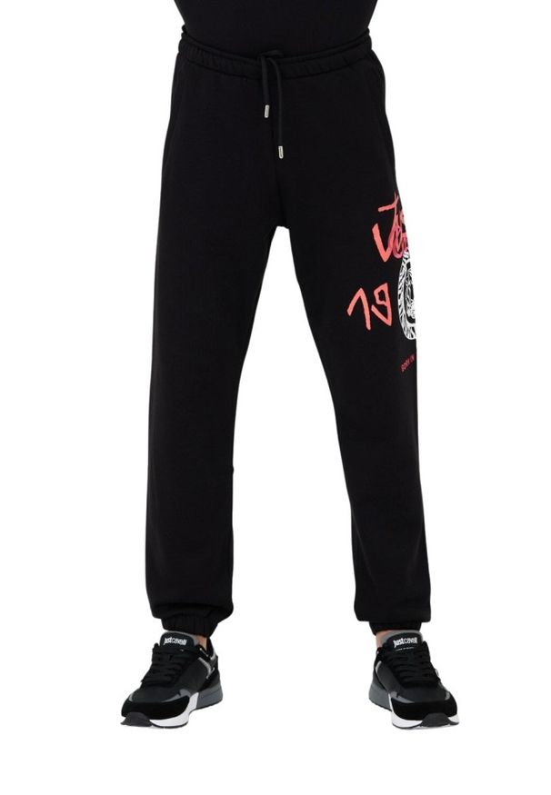 Just Cavalli - JUST CAVALLI Czarne męskie spodnie z nadrukiem R 1998 Dripp, Rozmiar M. Kolor: czarny. Wzór: nadruk
