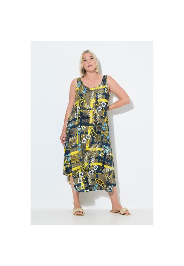 ULLA POPKEN - Damskie Sukienka midi motyw dżungli krój trapezowy okrągły dekolt bez rękawów. Kolekcja: plus size. Kolor: zielony. Materiał: wiskoza, materiał. Długość rękawa: bez rękawów. Typ sukienki: trapezowe. Styl: sportowy. Długość: midi