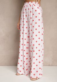 Renee - Różowe Szerokie Spodnie High Waist z Bawełny z Gumką w Talii Ranivaria. Okazja: na co dzień. Stan: podwyższony. Kolor: różowy. Materiał: bawełna. Wzór: kwiaty. Sezon: lato, wiosna. Styl: elegancki, casual