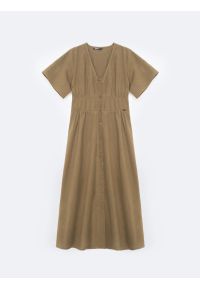 Big-Star - Sukienka damska midi lniana khaki Victorine 303. Okazja: na co dzień. Typ kołnierza: dekolt w kształcie V. Kolor: zielony. Materiał: len. Długość rękawa: krótki rękaw. Typ sukienki: proste. Styl: casual, boho, elegancki, klasyczny. Długość: midi #4