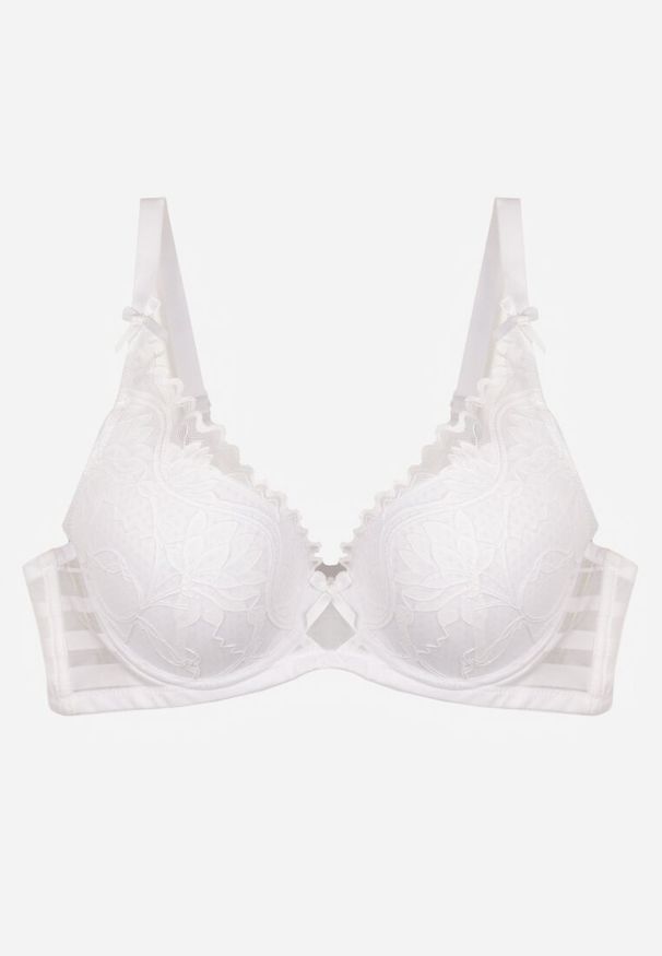 Renee - Biały Biustonosz Ozdobiony Koronką i Kokardkami Sellene. Kolor: biały. Materiał: koronka. Wzór: koronka, aplikacja