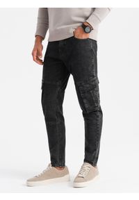 Ombre Clothing - Jeansowe spodnie cargo SLIM FIT z efektem wybielania – czarne V2 - Rozmiar: XL. Kolor: czarny. Materiał: jeans. Wzór: aplikacja. Sezon: lato. Styl: retro, klasyczny #4