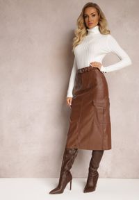 Renee - Brązowa Spódnica Midi z Imitacji Skóry Paskiem i Kieszeniami Cargo Edvardisa. Kolor: brązowy. Materiał: skóra #5