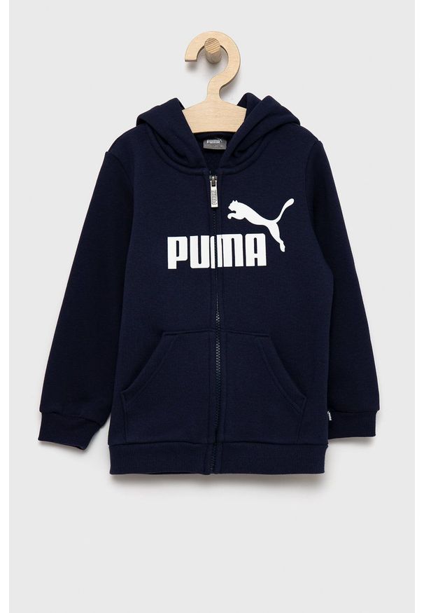 Puma bluza dziecięca kolor granatowy z kapturem. Okazja: na co dzień. Typ kołnierza: kaptur. Kolor: niebieski. Materiał: dzianina. Wzór: nadruk. Styl: casual