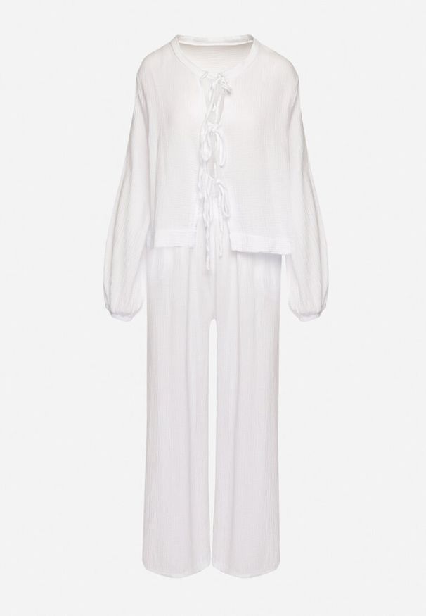 Born2be - Biały Bawełniany Komplet Bluzka z Wiązaniem i Spodnie Palionis. Kolor: biały. Materiał: bawełna