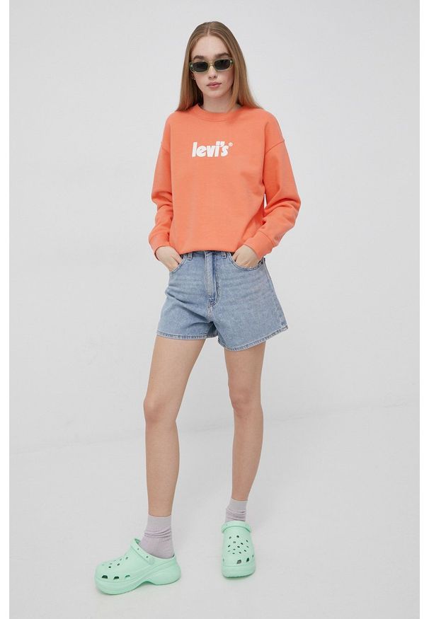 Levi's® - Levi's szorty jeansowe damskie gładkie high waist. Okazja: na spotkanie biznesowe, na co dzień. Stan: podwyższony. Kolor: niebieski. Materiał: jeans. Wzór: gładki. Styl: casual, biznesowy