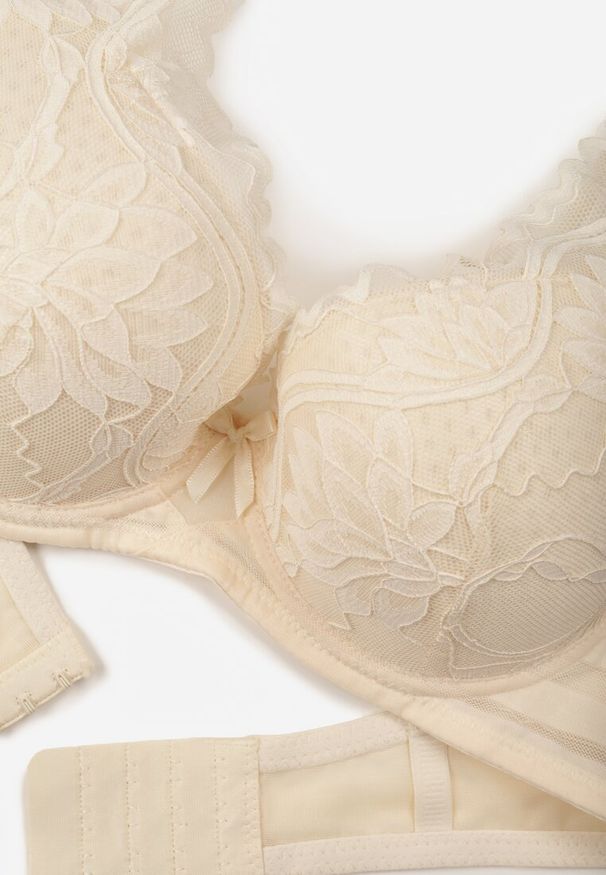 Renee - Jasnobeżowy Biustonosz Zdobiony Koronką i Kokardami Morgavia. Kolor: beżowy. Materiał: koronka. Wzór: koronka, aplikacja