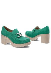 Zielone Półbuty Lemar Damskie Eleganckie Buty. Zapięcie: klamry. Kolor: zielony. Materiał: zamsz. Obcas: na obcasie. Styl: elegancki. Wysokość obcasa: średni