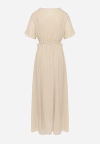 Born2be - Beżowa Brokatowa Sukienka Koktajlowa Ozdobiona Paskiem Ziliane. Okazja: na imprezę. Kolor: beżowy. Wzór: aplikacja. Styl: wizytowy #3