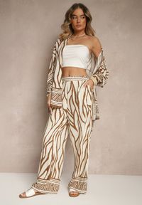 Renee - Brązowe Szerokie Spodnie z Wiskozy z Lnem High Waist w Zwierzęcy Wzór Fenariela. Okazja: na co dzień, na spacer. Stan: podwyższony. Kolor: brązowy. Materiał: len, wiskoza. Wzór: motyw zwierzęcy. Styl: klasyczny, elegancki, casual #6