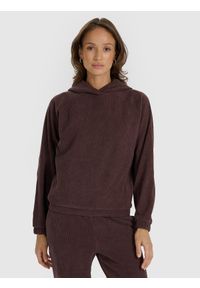 4f - 4F Bluza dresowa nierozpinana z kapturem damska - brązowa S. Okazja: na co dzień. Typ kołnierza: kaptur. Kolor: brązowy. Materiał: dresówka. Styl: casual