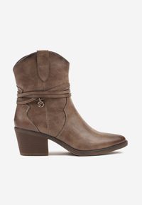 Born2be - Brązowe Botki w Stylu Kowbojek na Stożku Zdobione Rzemykiem Mionadia. Okazja: na co dzień. Kolor: brązowy. Materiał: zamsz, jeans. Wzór: aplikacja. Sezon: zima, jesień. Obcas: na stożku. Styl: casual, boho. Wysokość obcasa: średni #3