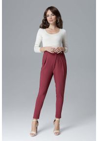 Katrus - Bordowe Nowoczesne Kopertowe Spodnie. Kolor: czerwony. Materiał: elastan, poliester, wiskoza