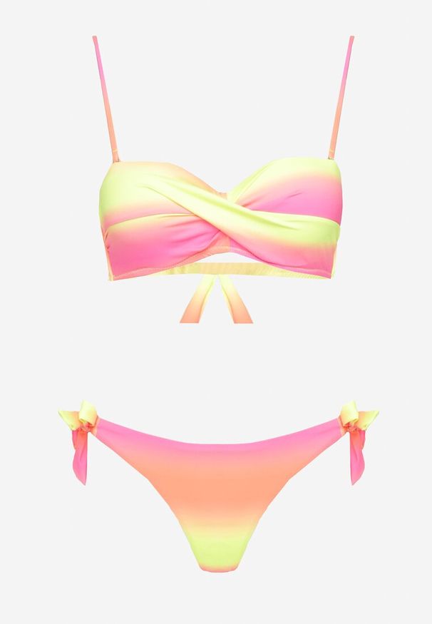 Renee - Fuksjowe Bikini Majtki Typu Figi i Biustonosz z Marszczeniem w Geometryczny Wzór Kinnira. Kolor: różowy. Wzór: geometria