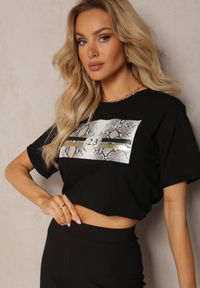 Renee - Czarny T-shirt z Bawełny Ozdobiony Nadrukiem na Przodzie Katrielle. Okazja: na co dzień. Kolor: czarny. Materiał: bawełna. Wzór: aplikacja, nadruk. Styl: casual #4