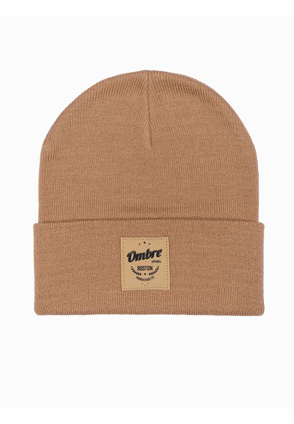 Ombre Clothing - Czapka męska H103 - piaskowa - uniwersalny. Kolor: żółty. Materiał: akryl